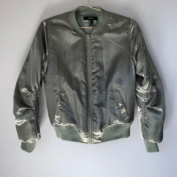 Forever 21 Light Green Bomber Jacket, Size Medium - Picture 1 of 11